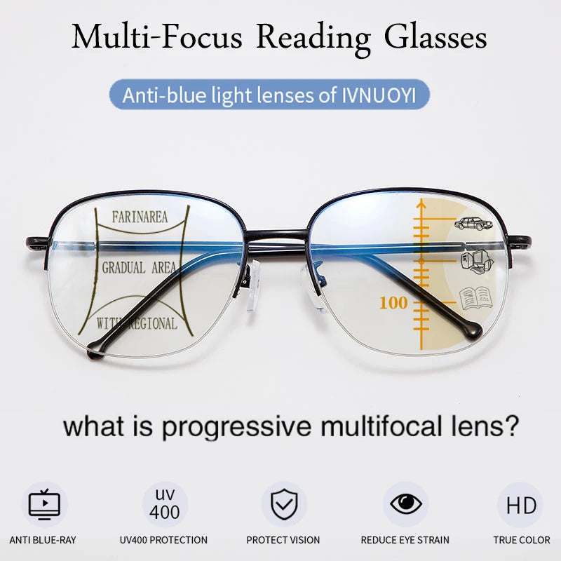 Metal Progressive Anti Blue Ray UV Protect Multifocal Reading Glasses - SunRay Glasses