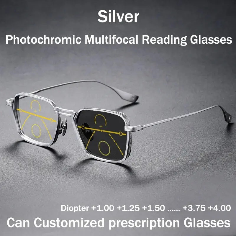 Luxury 100% Pure Titanium Photochromic Multifocal Reading Glasses Men ...