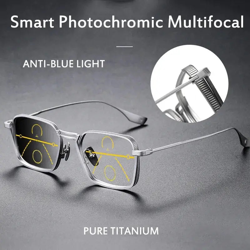 Luxury 100 Pure Titanium Photochromic Multifocal Reading Glasses Men Sunray Glasses