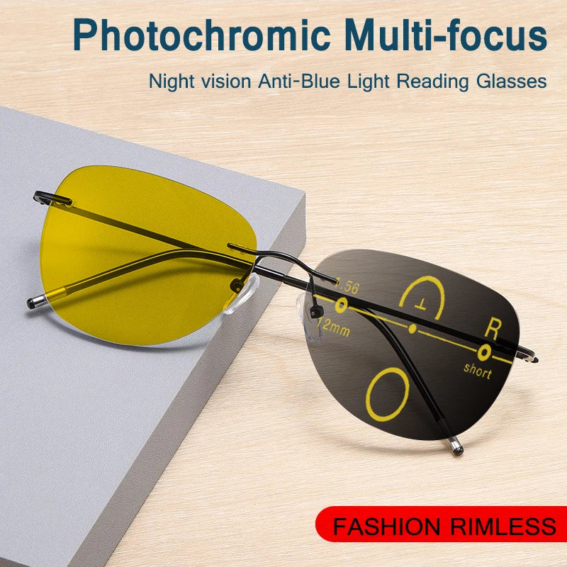 Night Vision Titanium Anti-Blue Light Photochromic Progressive Multi-focus Reading Glasses - SunRay Glasses