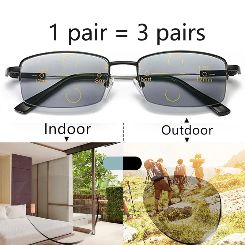 Half Rim Memory Titanium Photochromic Progressive Reading Glasses - SunRay Glasses